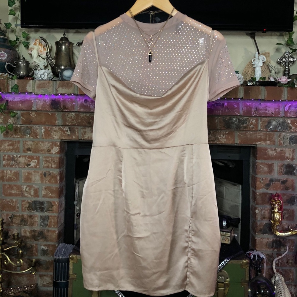 Prettylittlething champagne cowl neck dress